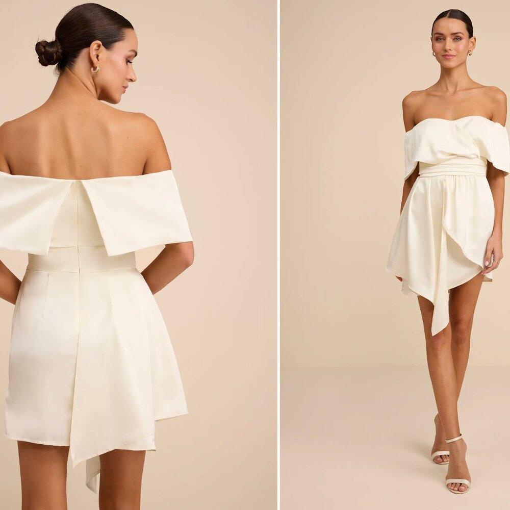 NWT Lulus Always Celebrating ivory satin off the shoulder mini dress